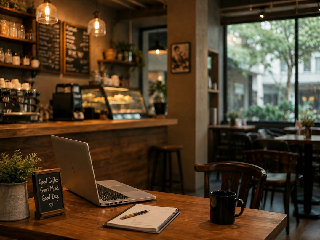 dark industrial cafe workspace wooden desk natural light window