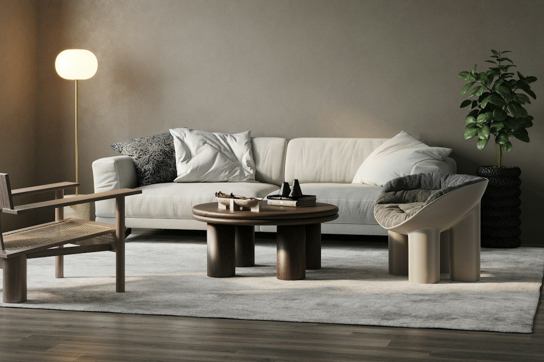 3D furniture rendering living room photorealistic warm lighting sofa
